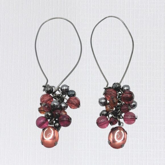 Handmade Dangle Earrings Cluster Glass Beads Silver Wire Boho Statement Jewelry - Picture 1 of 6